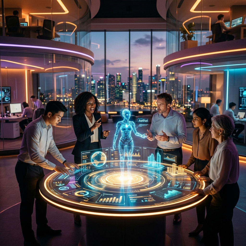 Humans collaborating with AI holograms
