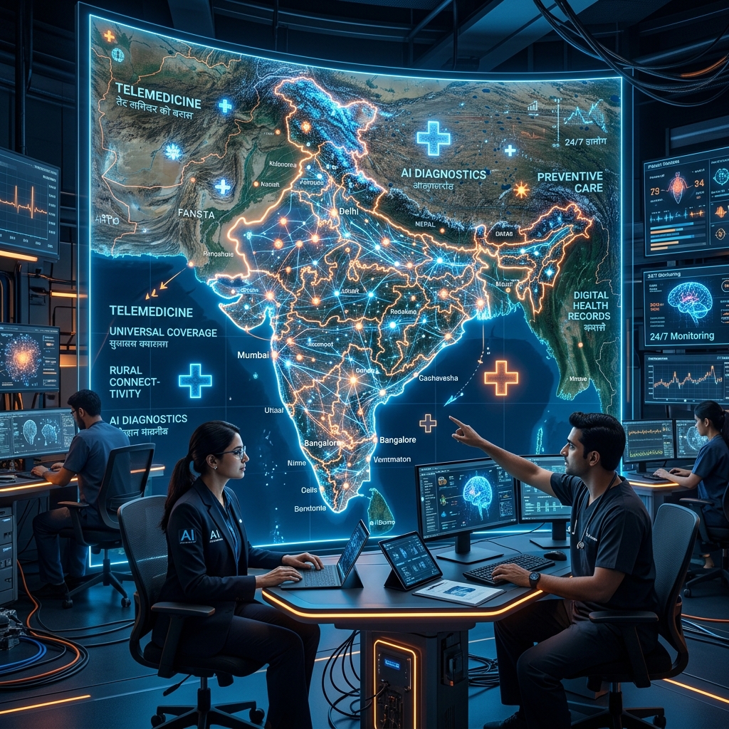 Futuristic map of India representing telemedicine and digital healthcare