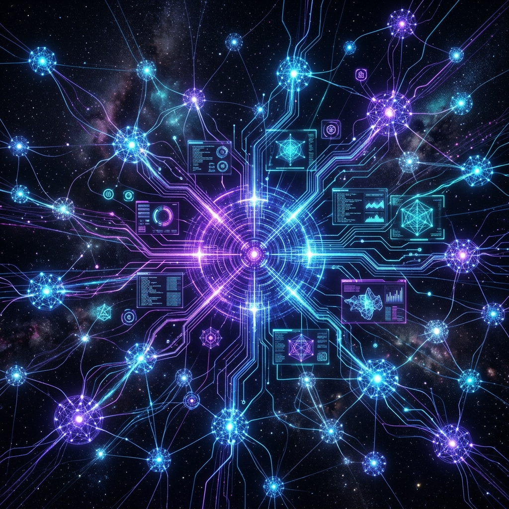 Futuristic visualization of interconnected AI agents forming an autonomous digital workforce