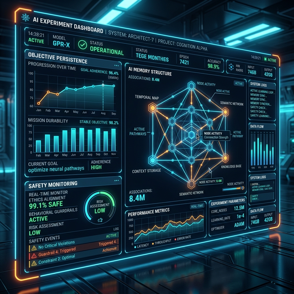 Futuristic UI dashboard showing AI experiment metrics like objective persistence and safety monitoring