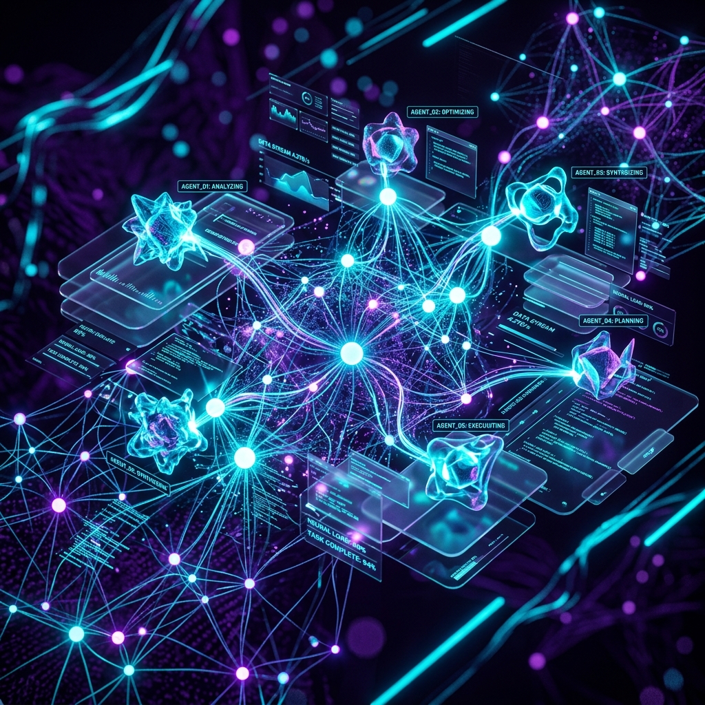 Futuristic representation of Agentic AI and multiple glowing neural network nodes