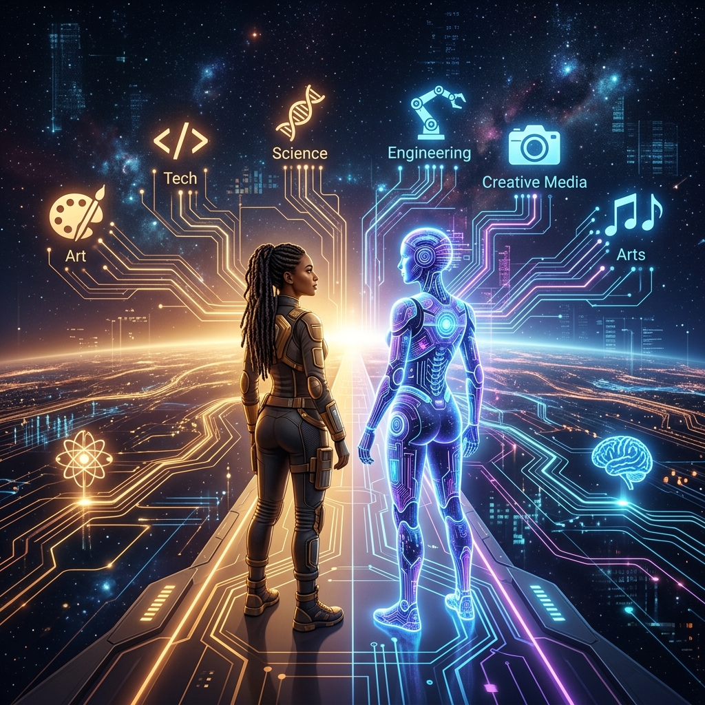 Human and AI standing together looking at branching career pathways of the future