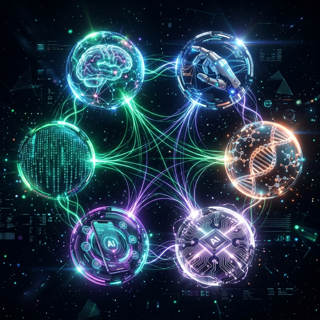 Six interconnected AI technology spheres representing the key breakthroughs of 2026
