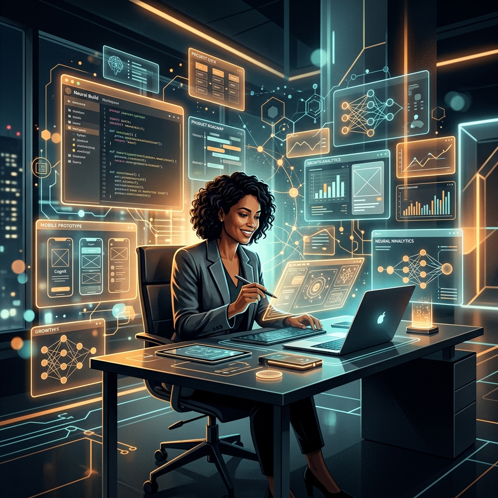 A founder surrounded by holographic AI screens, prototypes, and neural network connections in a futuristic workspace