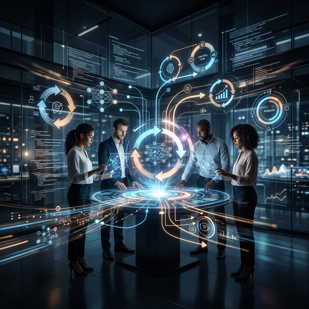 A small team working at a holographic command center surrounded by learning loop diagrams and AI data streams