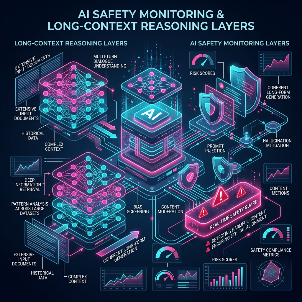 A sleek infographic showing AI safety monitoring and long-context reasoning layers