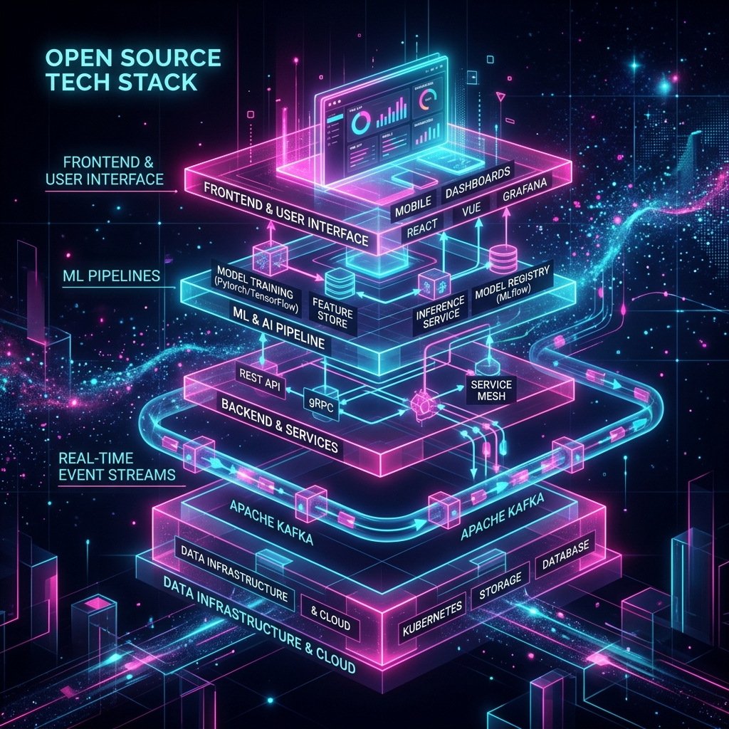 Abstract visualization of an AI open source technology stack