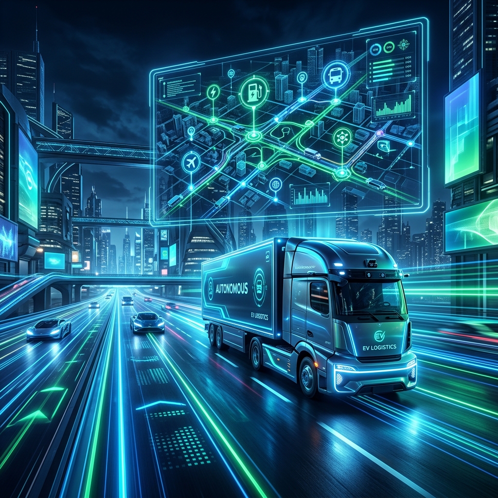 Futuristic electric truck with holographic routing UI showing EV chargers and AI nodes