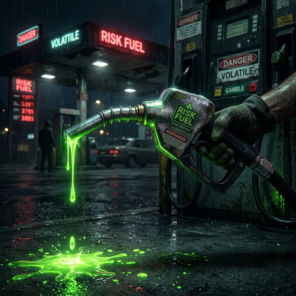 A glowing green fuel nozzle representing the energy gamble