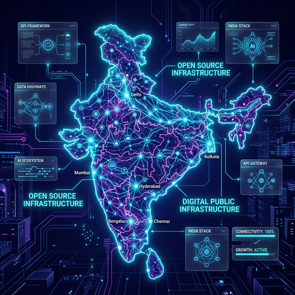 Glowing digital map of India with interconnected nodes and AI neural networks