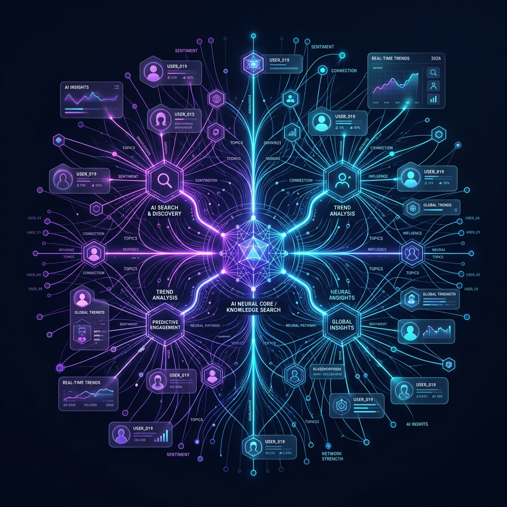 Futuristic illustration of AI neural nodes in social media