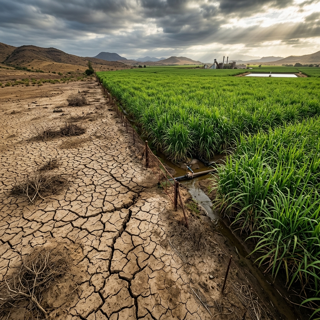 Cracked dry desert ground transitioning to lush sugarcane farm